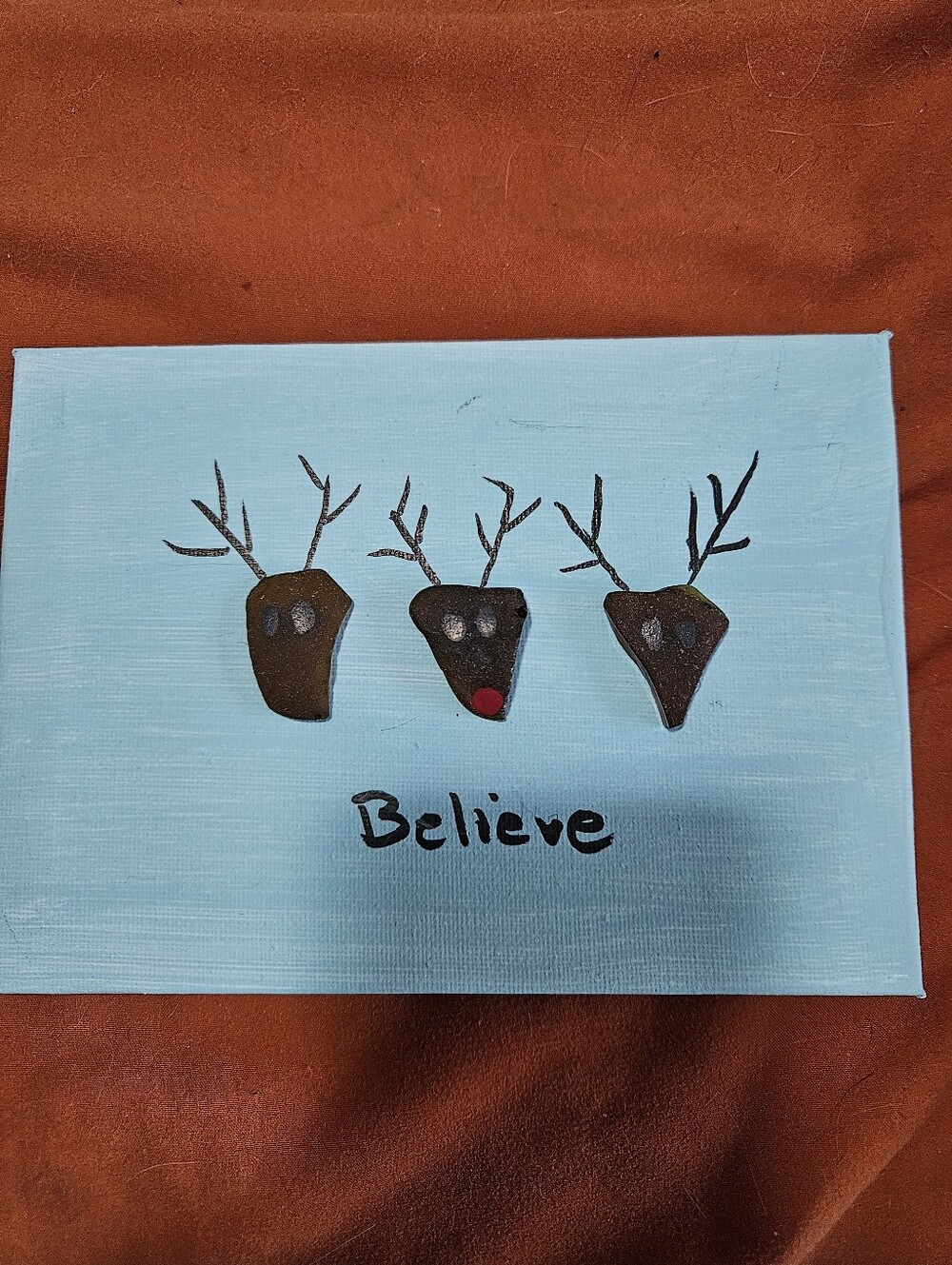 Handpainted 5x7 'Believe' Reindeer Sea Glass Art